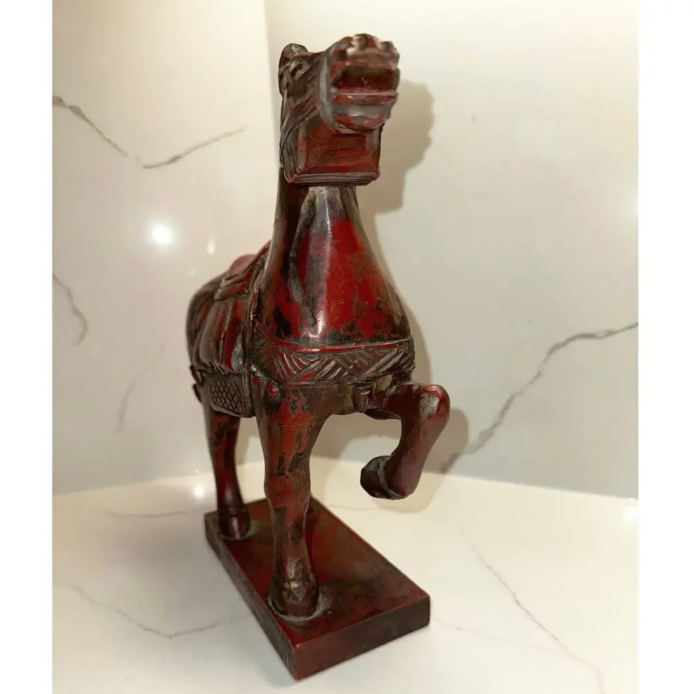 Vintage Hand Carved Wooden Chinese Horse Hand Painted Red and Gold Accents